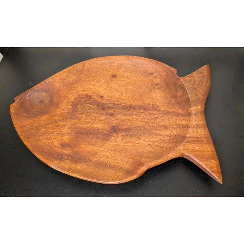 Vintage Kamani Wood Carved Fish Tray Bowl Platter Unique 1980's